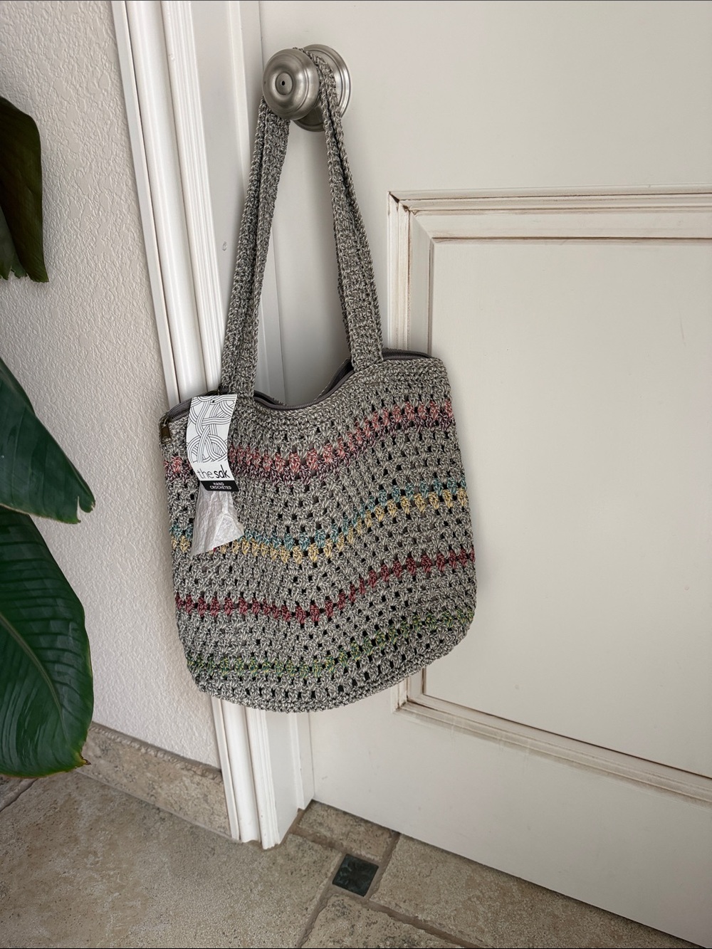 The Sak Crochet Tote Bag in Gray with Multicolor Stripes